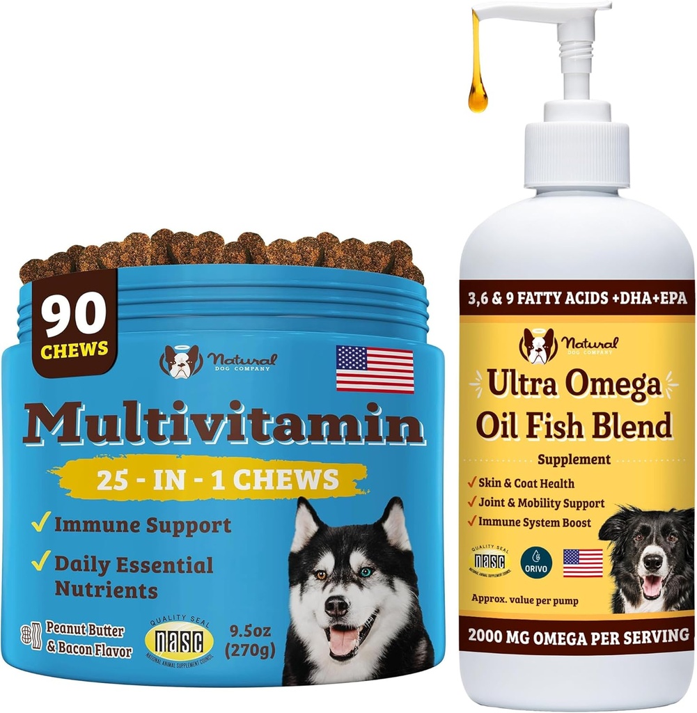 Natural Dog Company Multivitamin Chews and Ultra Omega Oil for Active Dogs - Nutrient-Rich Dog Treats with Omega-3 and Essential Vitamins, Supports Cognitive Health and Global Vitality for All Breeds