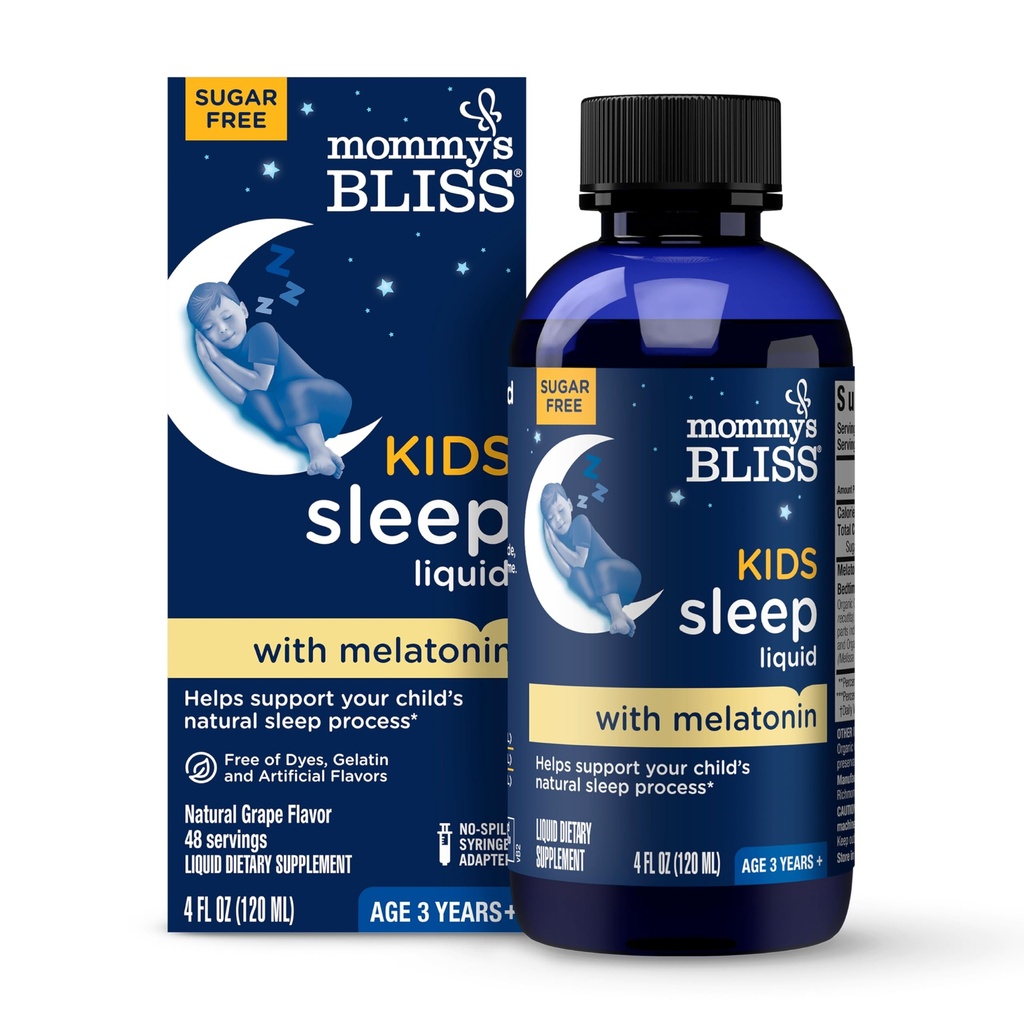 Mami's Bliss Kids Sleep Liquid with Melatonin & Calming Herbs ← Soporta el proceso natural del sueño para los niños 3 años > Up ← Grape Flavor ← Sugar Free durable 4 Fl Oz (60 Servings)
