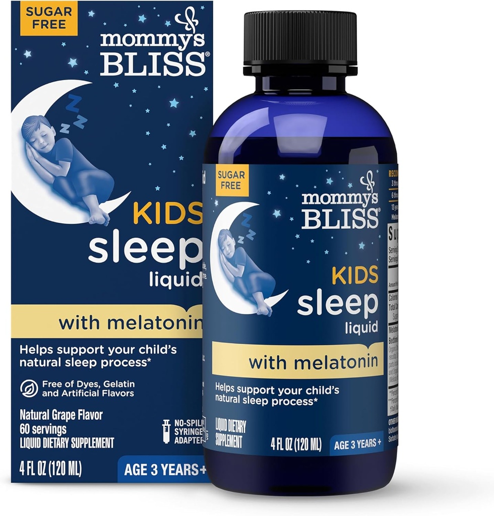 Mami's Bliss Kids Sleep Liquid with Melatonin & Calming Herbs ← Soporta el proceso natural del sueño para los niños 3 años > Up ← Grape Flavor ← Sugar Free durable 4 Fl Oz (60 Servings)