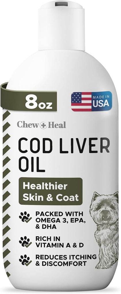 Aceite de hígado de bacalao para perros - 8 oz - Contiene Omega 3, Omega 6, vitamina A y vitamina D para reducir el picor y promover la piel y la carne, corazón, articulación y salud inmunitaria