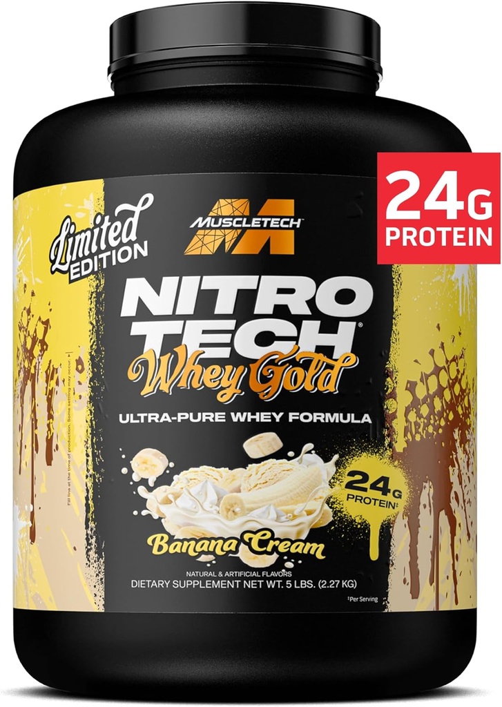 MuscleTech Whey Protein Powder (Banana Cream, 5LB) - Nitro-Tech Whey Protein Isolate Smoothie Mix for Lean Muscle & Fast Recovery - 24g of Whey Gold Protein for Women &amp; Hombre - Gluten-Free