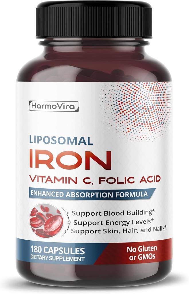 Hierro lipomal con vitamina C, ácido fólico, B12, B6, B1 – Formación de células de energía y sangre roja – Fórmula suave – 180 cápsulas – No Gluten-Free – Made in USA*
