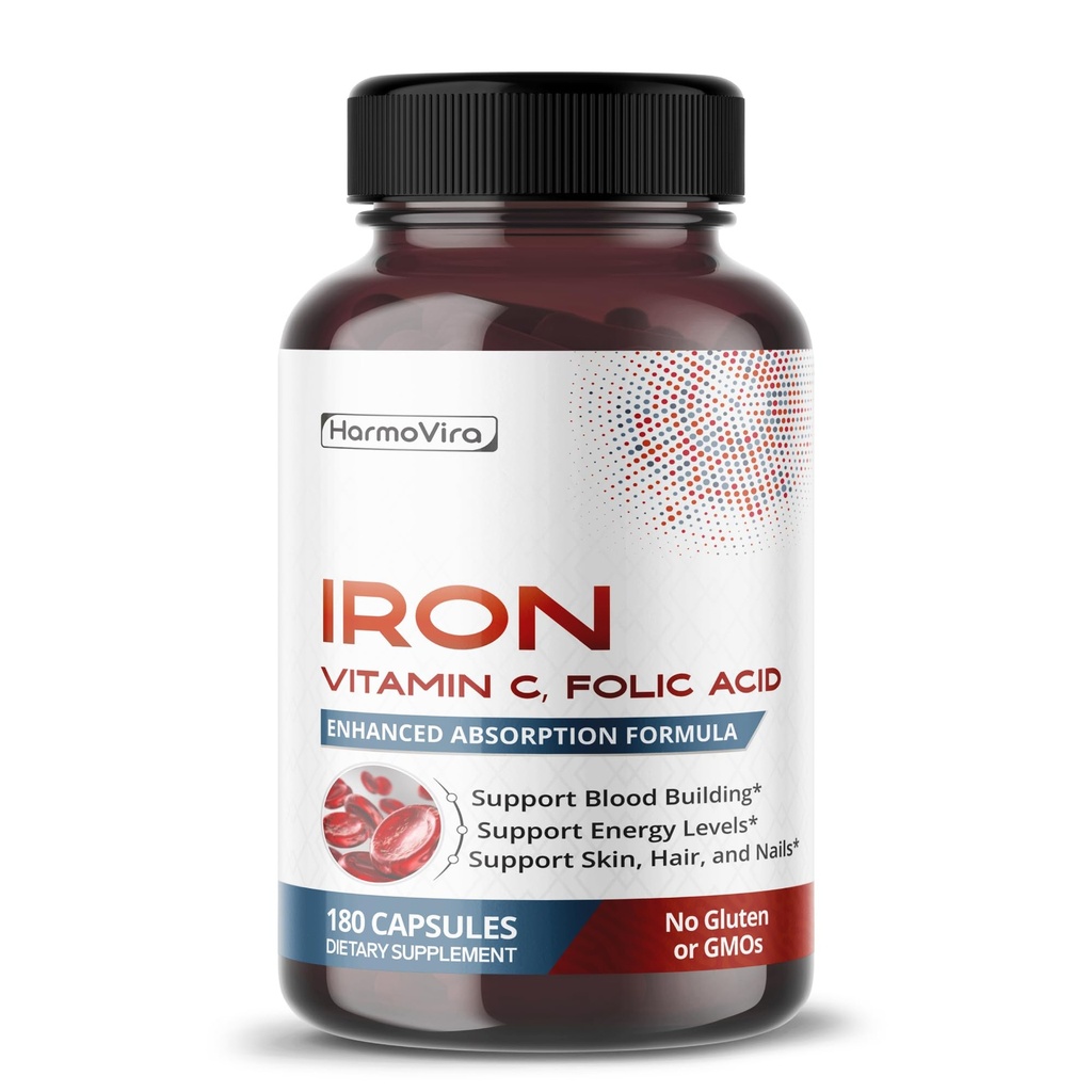 Liposomal Iron with Vitamin C, Folic Acid, B12, B6, B1 – Support Energy & Red Blood Cell Formation – Gentle Formula – 180 Capsules – Non-GMO, Gluten-Free