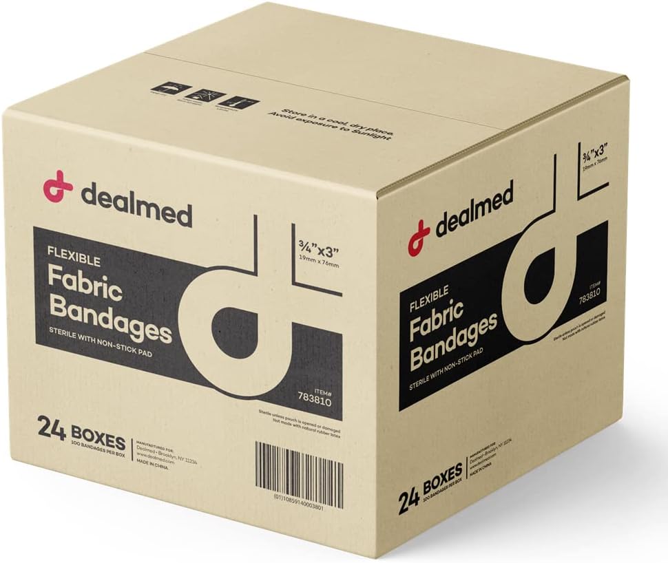 Bandajes de Adhesivo Flexible de Tejido - 100 Conde (24 Pack) Bandajes con Pad No-Stick, Gratuito de Látex, Cuidado de Wound para el Kit de primeros auxilios, 3" x 3/4"