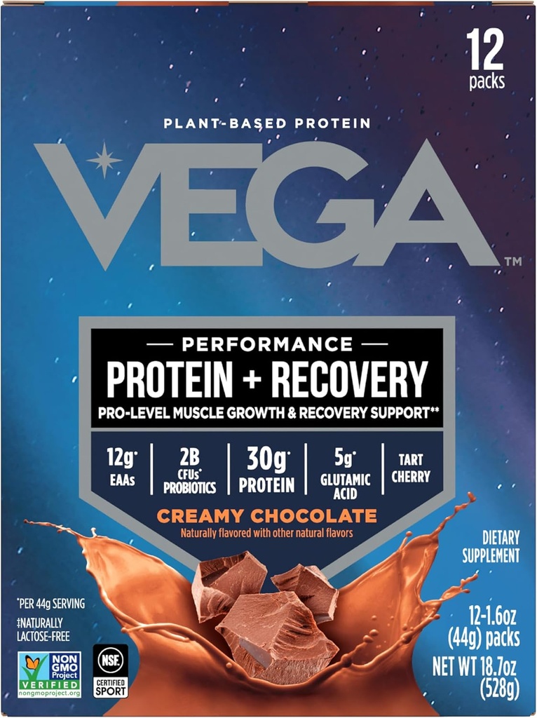Vega Proteína + Recuperación - 30g Proteína de base vegetal por Serving, Chocolate, 12 x 1.6oz Sachets, 5g BCAAs, Probióticos, NSF certificado, para Shakes & Smoothies, (Packaging May Vary)