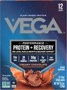 Vega Proteína + Recuperación - 30g Proteína de base vegetal por Serving, Chocolate, 12 x 1.6oz Sachets, 5g BCAAs, Probióticos, NSF certificado, para Shakes & Smoothies, (Packaging May Vary)