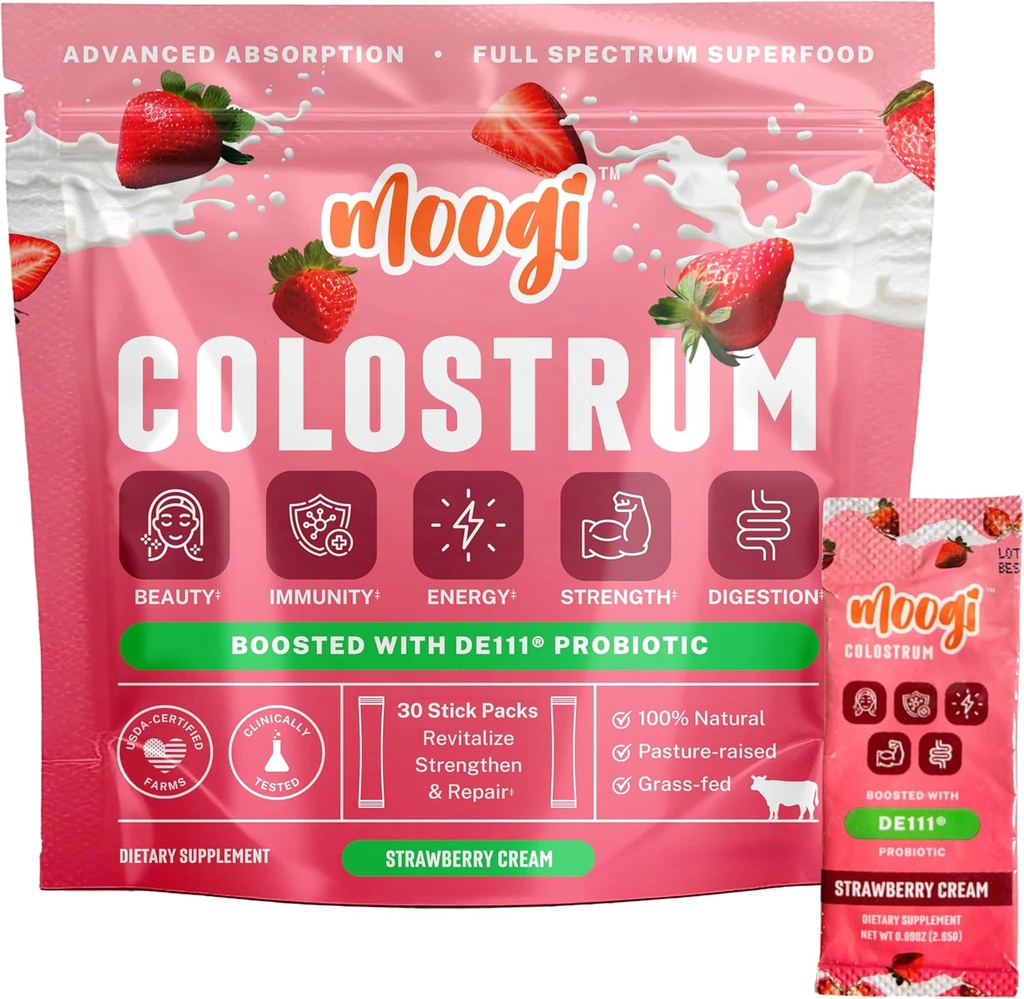 MoogiTM Premium Colostrum Powder (Strawberry Cream/30 Stick Pack) ¦ Bovine Colostrum Powder for Women &amp; Hombres with DE111® Probiotic ← Grass Fed Colostrum Supplement for Gut Health, Immunity, Skin & Hair