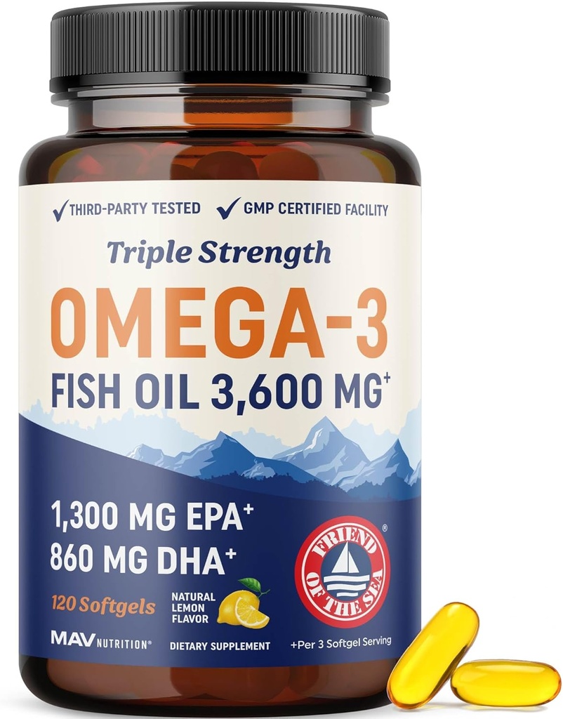 Triple fuerza DHA Omega 3 Fish Oil 3600 mg ← Sobre 2100mg Omega-3 Fatty Acids con 860mg de DHA Silencio 1300mg EPA ← Mejores ácidos grasos esenciales ← Premium Wild Caught " Burpless Fish Oil TEN 120 ct.