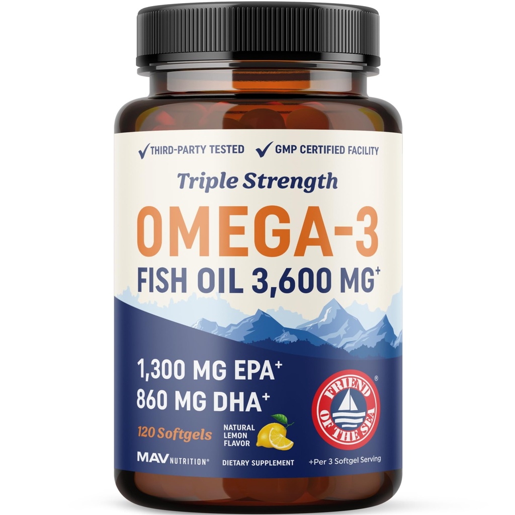Triple fuerza DHA Omega 3 Fish Oil 3600 mg ← Sobre 2100mg Omega-3 Fatty Acids con 860mg de DHA Silencio 1300mg EPA ← Mejores ácidos grasos esenciales ← Premium Wild Caught " Burpless Fish Oil TEN 120 ct.