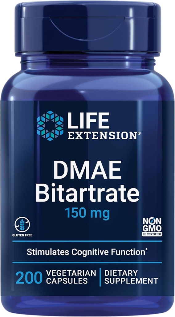 Extensión de vida DMAE Bitartrate, soporta la producción de neurotransmisores, 6 meses de suministro, libre de gluten, no transgénico, vegetariano, 200 cápsulas