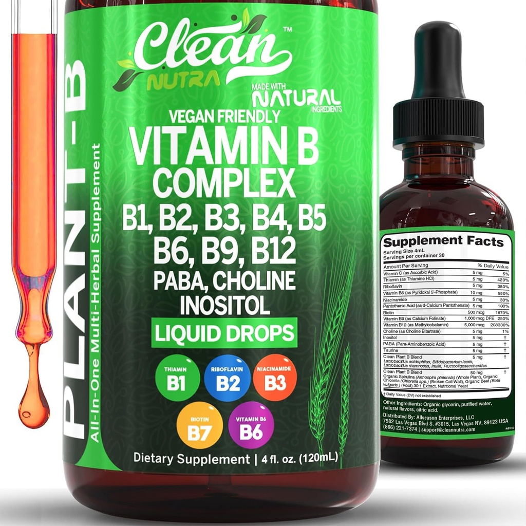 Vitamina B Complejo gotas líquidos ← Thiamine B1, B6, B2, B3, B4, B5, B7 B9, B12, Niacinamide, Paba, Choline Inositol Taurine Probiotics Beet Root Spirulina - Plant-B Vitamin Supplements by Clean Nutra
