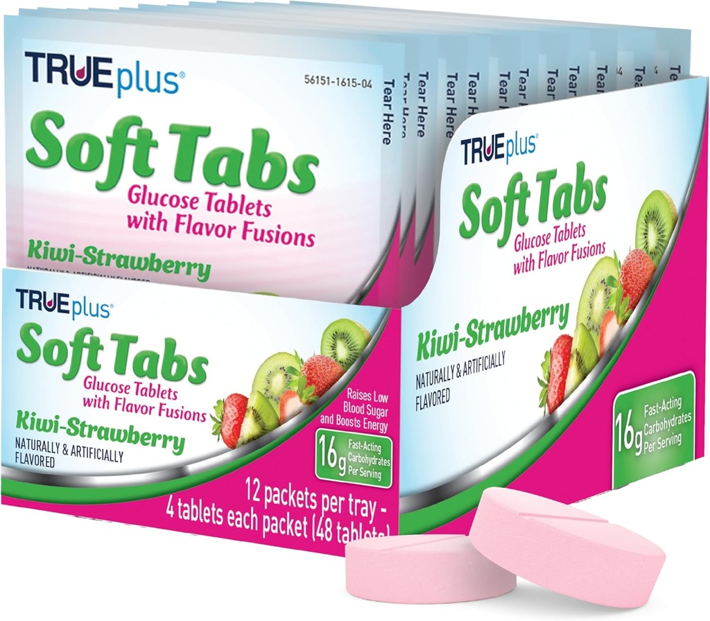 TRUEplus® Soft Tabs Glucose Tablets – 12 Packs – 48 tabs (Kiwi Strawberry)