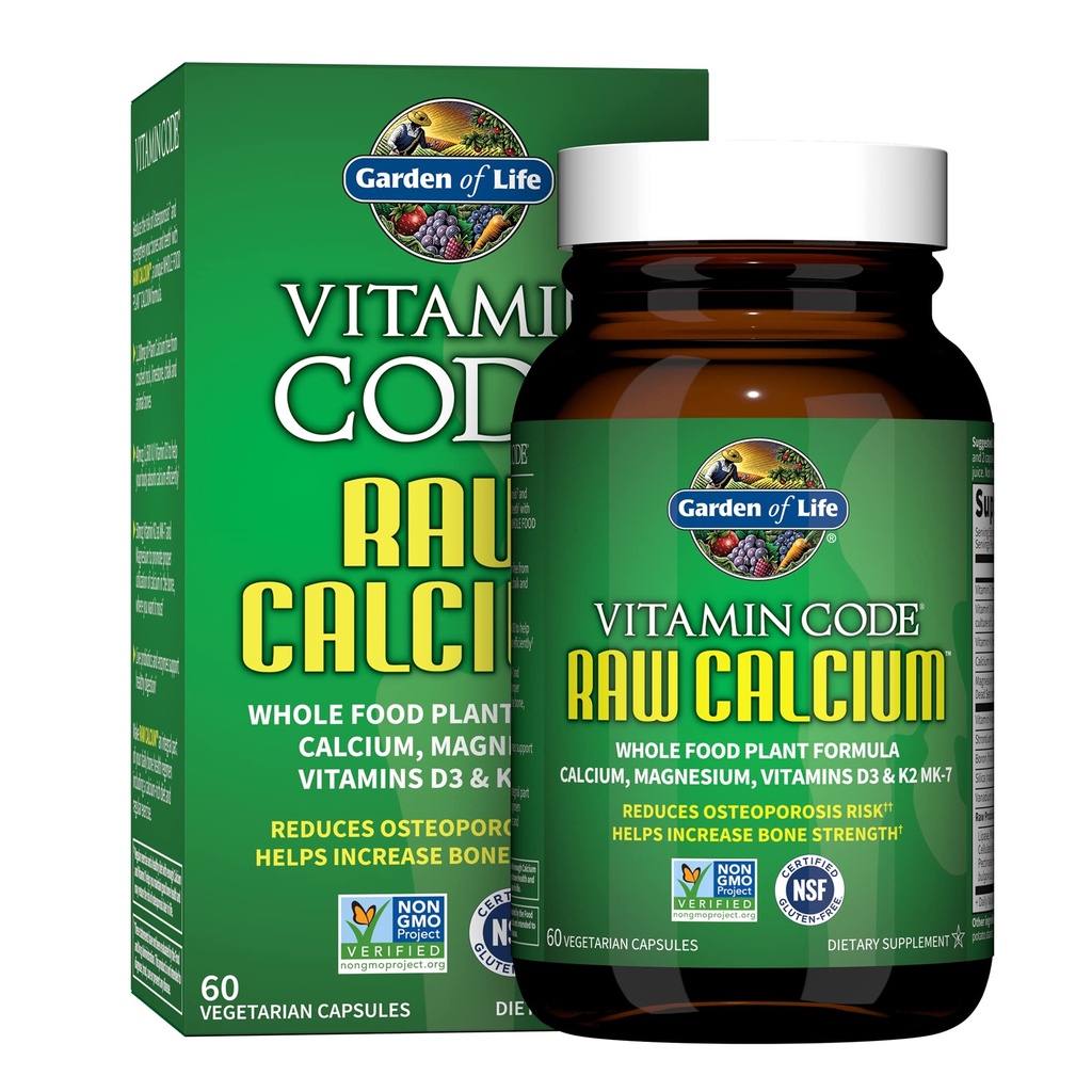 Jardín de vida Suplemento de calcio crudo para mujeres y hombres - Código de vitaminas elaborado con alimentos integrales con magnesio, K2, vitamina D3 y vitamina C Plus Probióticos para la digestión, 60 cápsulas