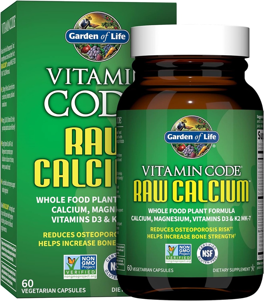 Jardín de vida Suplemento de calcio crudo para mujeres y hombres - Código de vitaminas elaborado con alimentos integrales con magnesio, K2, vitamina D3 y vitamina C Plus Probióticos para la digestión, 60 cápsulas