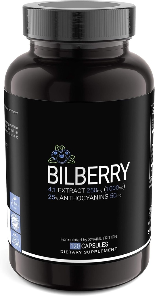 SYMNUTRITION Bilberry Extract 1000mg, 25% Anthocyanins 50mg - 120 Count (V-Capsules) / 120 Servings; European Blueberry: Manufactured in a cGMP-Registered Facility in USA; Vegan &amp; Gluten Free