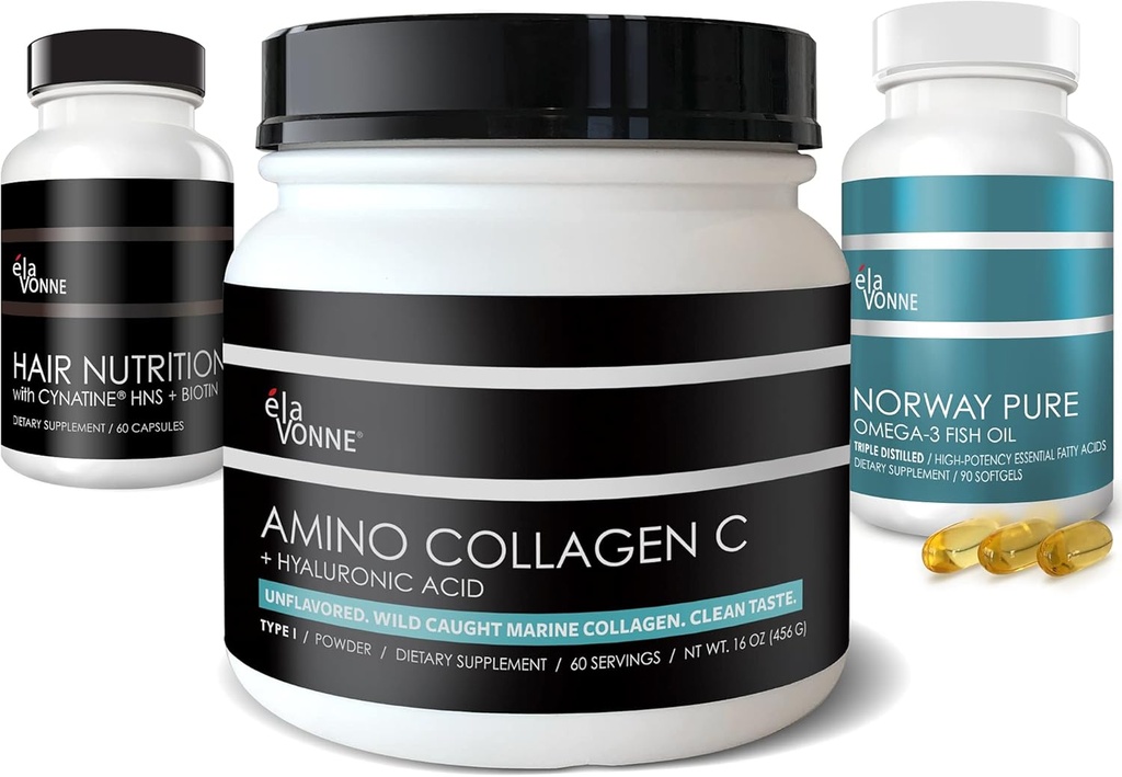 Marine Collagen + Hair Vitamins + Omega-3 Fish Oil - Beauty Nutrition Trifecta Bundle - Skin, Nails, Joints, Aging Nutraceuticals