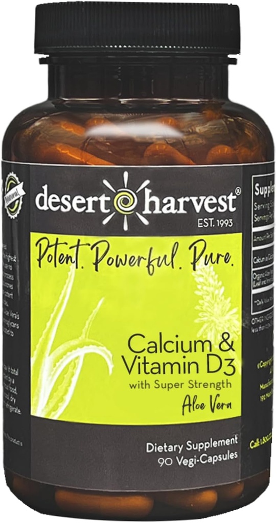 Carbonato de calcio de la cosecha del desierto 250 mg + Vitamina D3 100 UI Suplemento con Aloe Vera para Absorción, 90 cápsulas