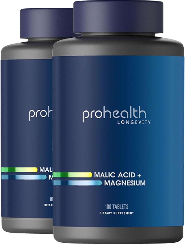 ProHealth Malic Acid + Magnesium 2-Pack (180 Tablets per Bottle) - Esencial para la relajación muscular - promueve ATP - promueve la función muscular adecuada
