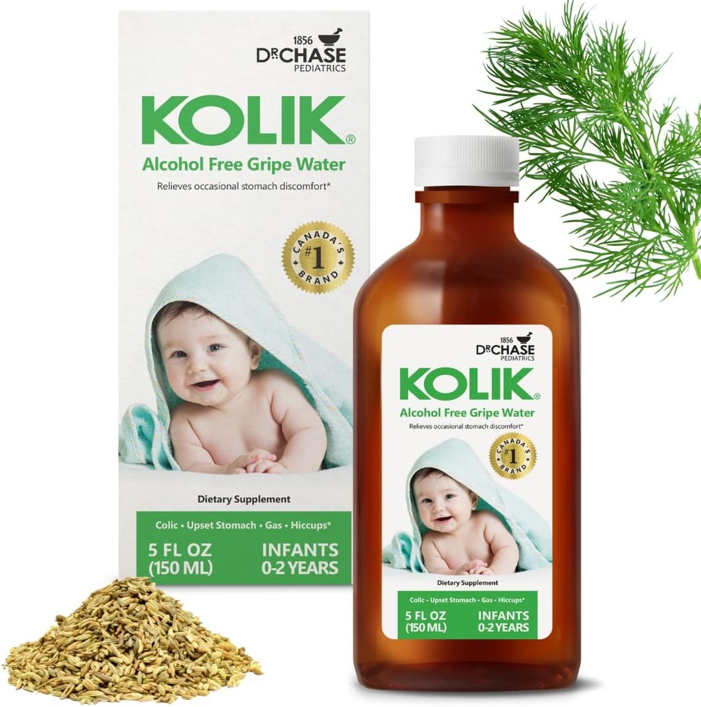 KOLIK Gripe Water Alcohol-Free - Alivio de Cólicos para bebés - Agua para bebés &amp; bebés - Alivio de gas para cáñamo, molestias de estómago &amp; hipo - Esenciales recién nacidos - 150 ml (5 fl. oz.)
