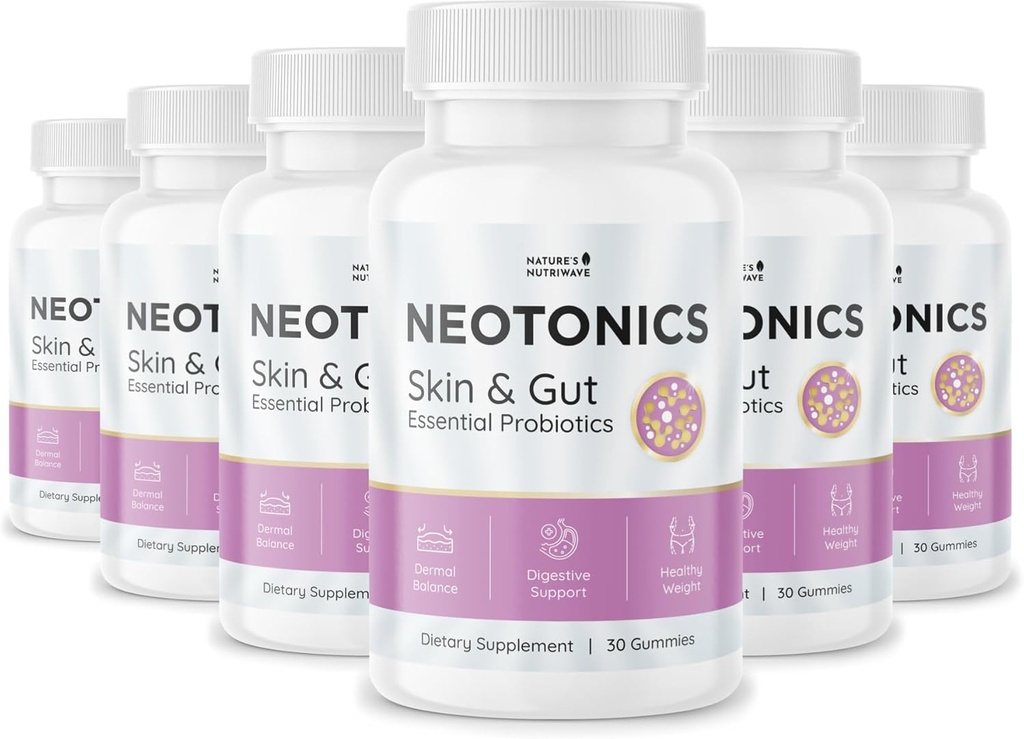 Neotonics Skin and Gut gummies - 100% Natural Probiotic Gummies, Chewable Probiotics for Digestive Health & Skin Health, Daily Probiotics For Women &amp; Men - Apple Flavor, 30 Gummies, 6 Month Supply
