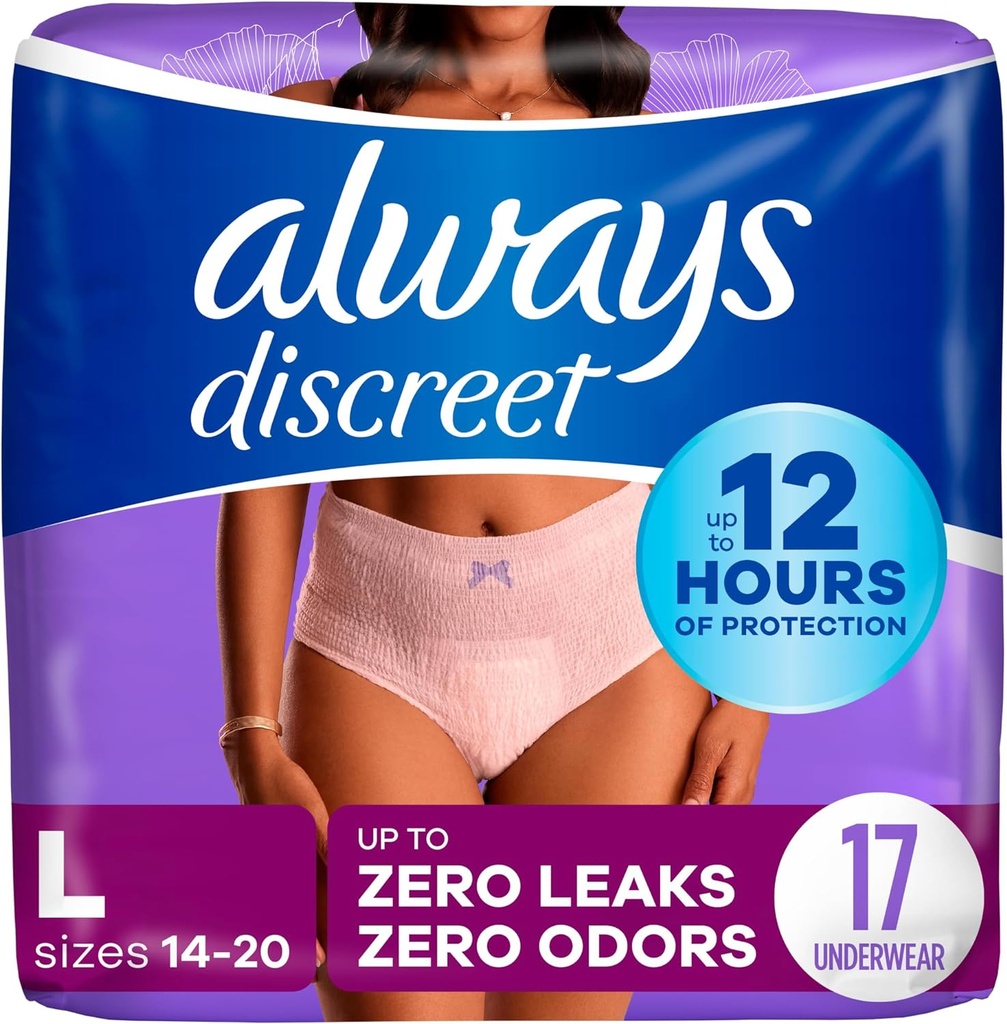 Always Discreet Adult Incontinence & Postpartum Underwear for Women, Maximum, Large, 17 Count (Packaging May Vary)