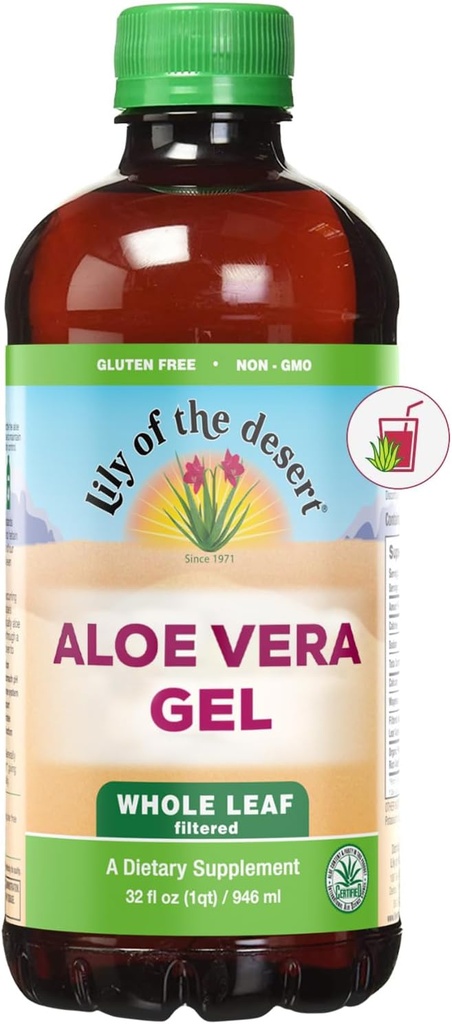Lily Of The Desert Aloe Vera Gel, Preservative Free - Whole Leaf Filtered Thicker Consistency Aloe Vera Bebida con Vitaminas Naturales, Enzimas Digestivos para Gut Health, Wellness, Glowing Skin, 32 Fl Oz