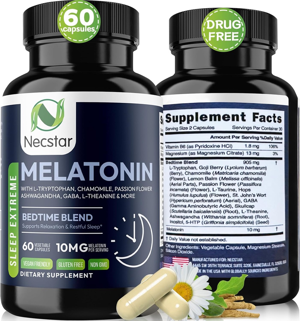 Necstar Melatonin 10mg, Sleep Aid for Adults, Extra Strength with Ashwagandha, Magnesium, L-Theanine, GABA, Lemon Balm and Chamomile Sleep Support Supplement, Vegan, Non-GMO, Gluten-Free, 60 cápsulas