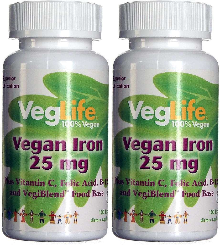 VegLife Vegan Iron 25 mg  Plus Vitamina C, Folic Acid, B-12 y VegiBlend Food Base ← Plant Based Iron Supplement for Women &amp; Men ← 100 Tablets ⋅ Pack of 2