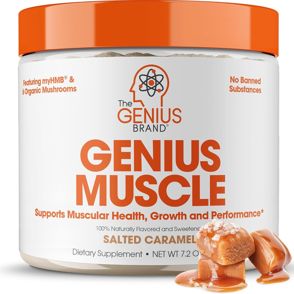 The Genius Brand Genius Muscle - Muscle Health Supplement for Growth, Endurance & Recovery - Non-Hormonal Formula - 6 Mushrooms orgánicos - Naturalmente-Sweetened - 30 Servings - Salted Caramel