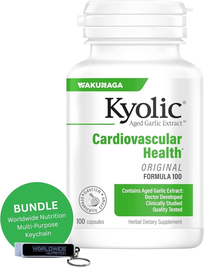 Global Nutrition Bundle: Kyolic Aged Garlic Extract Fórmula 100, Cardiovascular original, 100 cápsulas y cadena clave multifunción (Packaging May Vary)