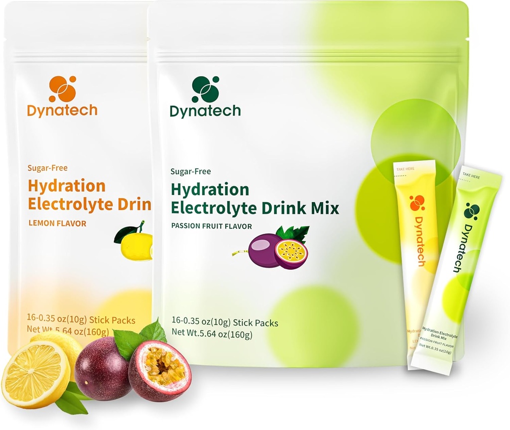 Dynatech Zero Sugar Electrolyte Drink Mix - Lemon,Passion Fruit - Hydration Powder Packets con 10 electrolitos " Vitaminas  durable Non-GMO, Gluten Free, Vegan Electrolytes Powder Packets tención 32 Servings