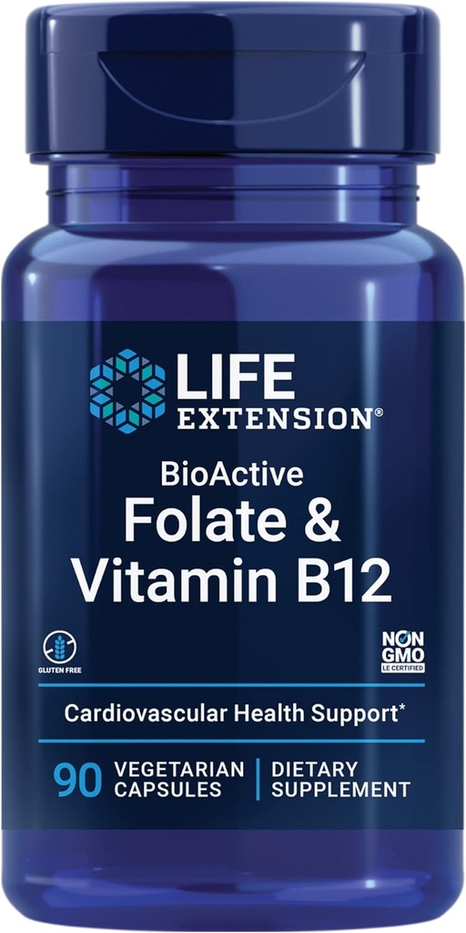 Life Extension BioActive Folate & Vitamin B12, Promotes Heart, Brain & GI Tract Health, Non-GMO, Gluten-Free, Vegetarian, 90 Capsules