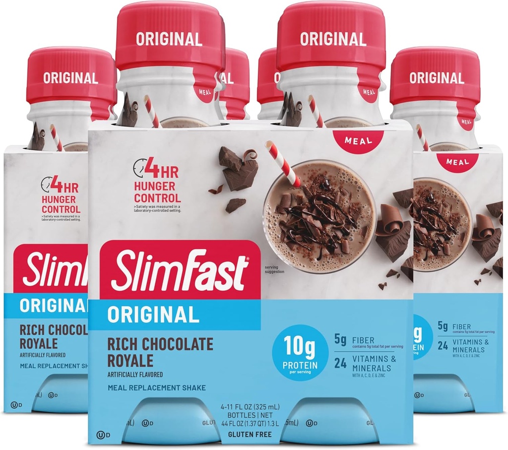 SlimFast Meal Replacement Shake, Original Rich Chocolate Royale, 10g de List to Drink Protein for Weight Loss, 11 Fl. Oz Bottle, 4 Count (Pack of 3) (Packaging May Vary)