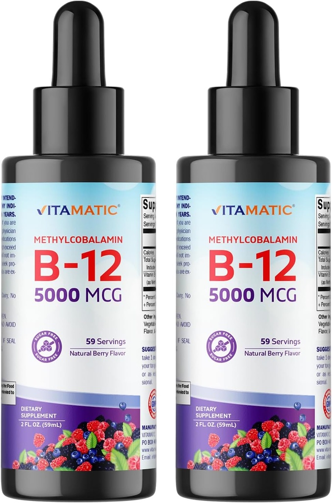 Vitamatic 2 Packs Fast Acting Liquid Vitamin B12 5000 mcg (Methylcobalamin) - Natural Berry Flavor - Suplemento Sublingual - Faster Absorption - 2 OZ