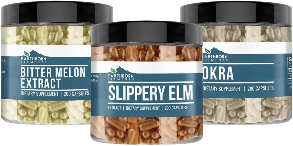 Elementos tercos Slippery Elm, Okra, " Bitter Melon Capsule Bundle (200 cápsulas cada uno), Puro " Undiluted, No Additives