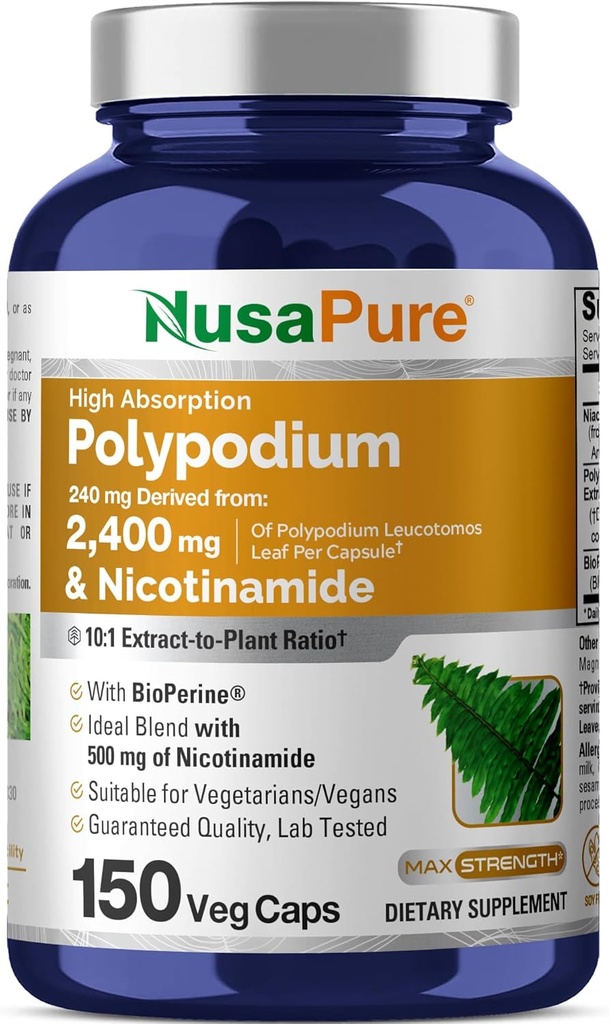 NusaPure Polypodium Nicotinamide 10:1 Extracto, 240 mg Equivalente a 2.400 mg por Veg Caps - 150 Conde (No-GMO, Sin soja, Bioperina)