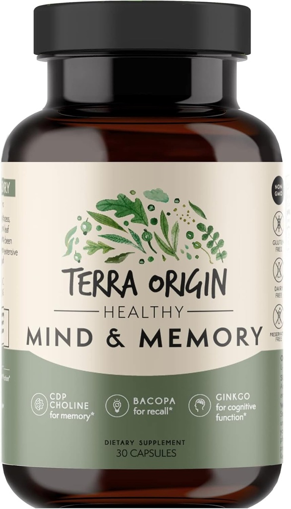 TERRA ORIGIN Healthy Mind and Memory Support Suplemento ← Memoria Cognitive Matrix  CDP Nootropic, Bacopa, L-Tyrosine, Huperzine A, Ginko, B12 ← No GMO, Gluten Free, Dairy Free ← 30 Capsules