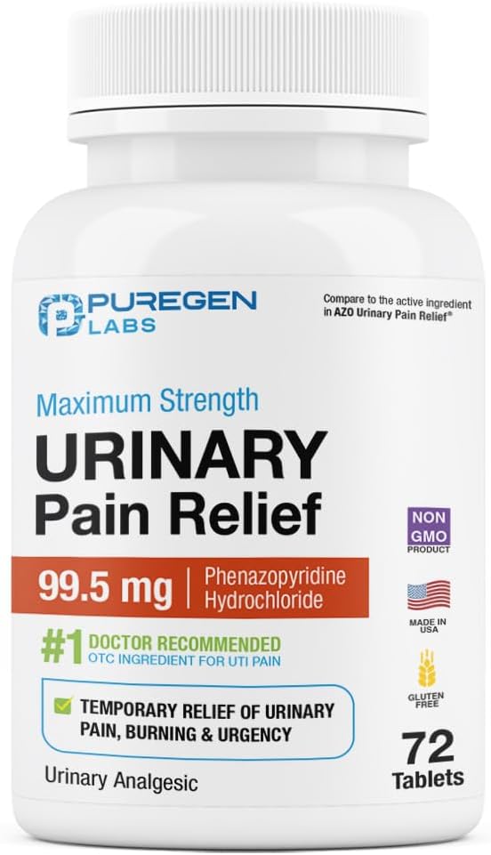 Puregen Labs Urinary Pain Relief | Phenazopyridine HCl 99.5mg Tablets | Maximum Strength OTC for Fast Relief of UTI Pain, Burning and Bladder discomfort – 72 Count Tablets