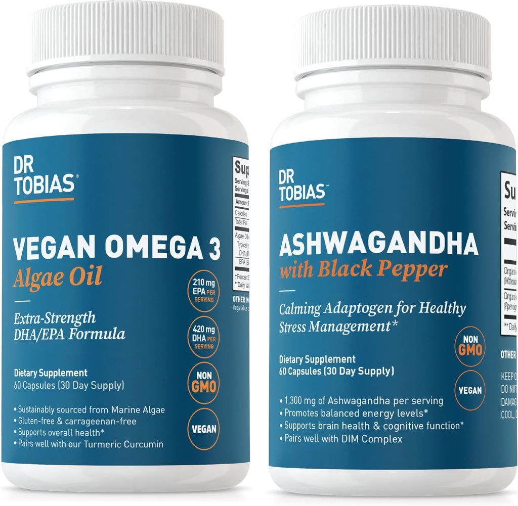 Dr. Tobias Vegan Omega 3 Algae Oil and Ashwagandha Capsules, Supports Resilience, Immune Health, and General Wellness, Non-GMO, Vegan