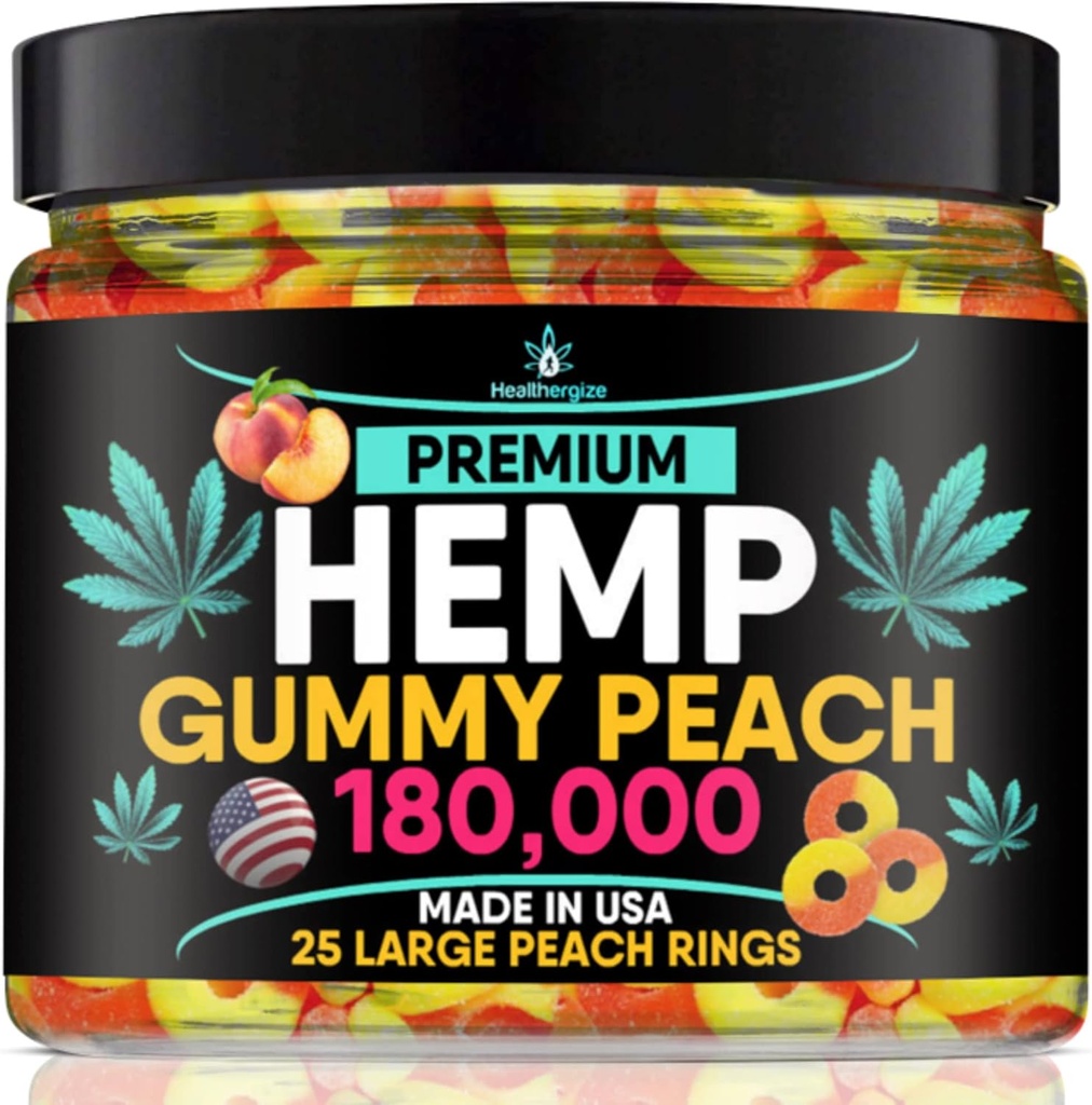 Ganchos de cáñamo-Premium Peach Anillos-Fresh y Full Flavor-Natural Hemp Oil Gummy-Great para atrás, cuello, rodillas, músculos, articulaciones, calma, relax, descomfort-Made en EE.UU.
