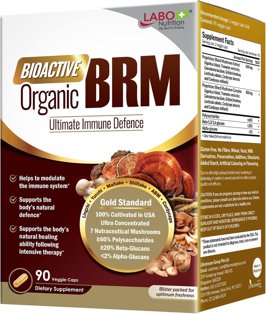 LABO Nutrition Bioactive Organic BRM - Advanced Immune Support " Maintain Natural Killer Cell Activity; 6 Therapeutic Mushrooms Lingzhi, Yunzhi, Maitake, Shiitake, Agaricus Blazei Murill & Cordyceps