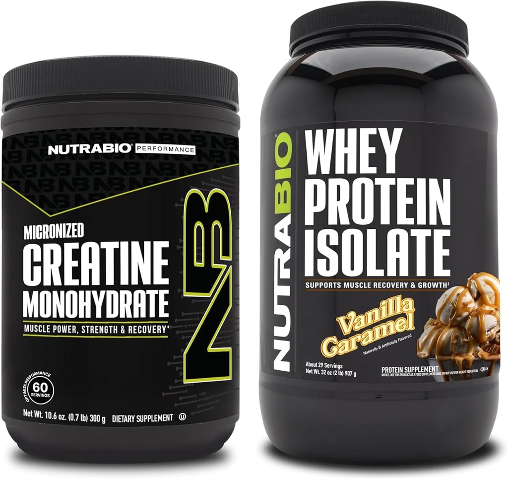 NutraBio Monohidrato de Creatina, Desflavorado, 300g y Whey Protein Isolate, Vanilla Caramel, Suplemento Bundle - Muscle Energy, Lean Muscle Growth, Recovery, and Strength