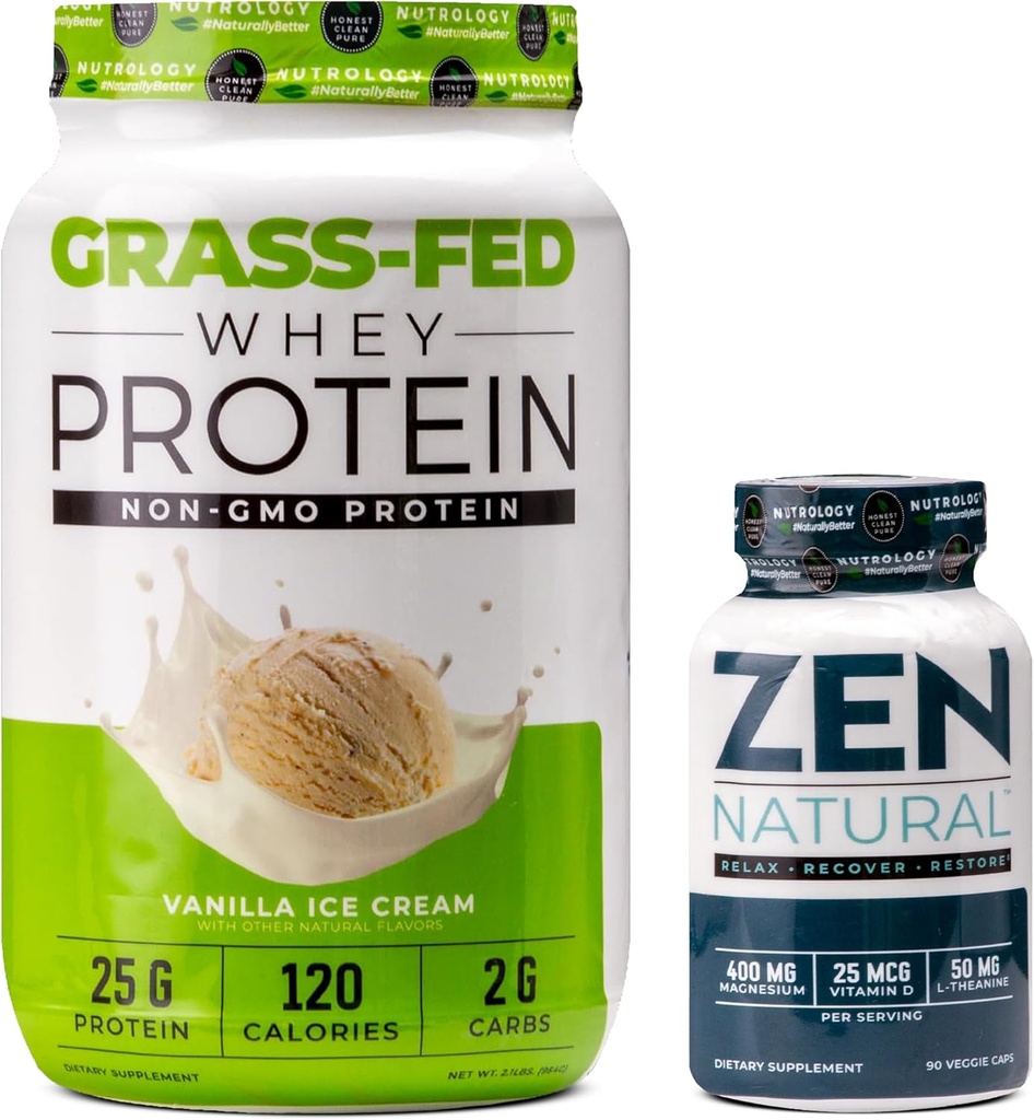 Nutrology Grass Fed Whey Protein Powder - Vainilla Ice Cream Flavor (28 Servings) Zen Natural Magnesium Supplement (30 Servings)
