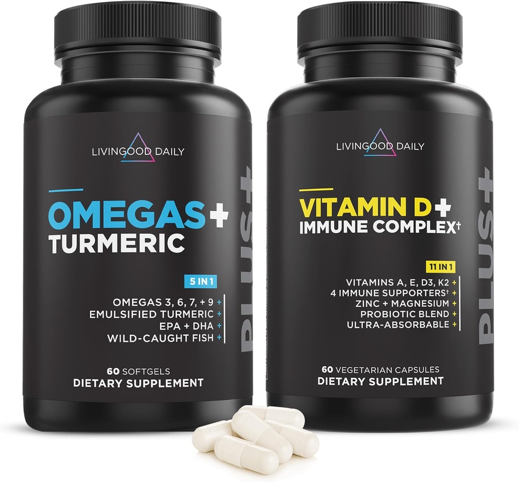 Livingood Daily Essentials Bundle - Suplemento potente de Omega 3-6-7-9 Plus Turmeric Combinado con vitamina D3 K2, Magnesio, Blend Probiótico y Más