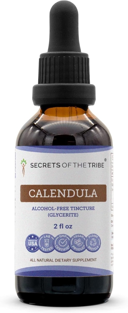 Secretos de la Tribu Calendula Extracto sin alcohol, Calendula (Calendula Officinalis) Flor seca (2 FL OZ)