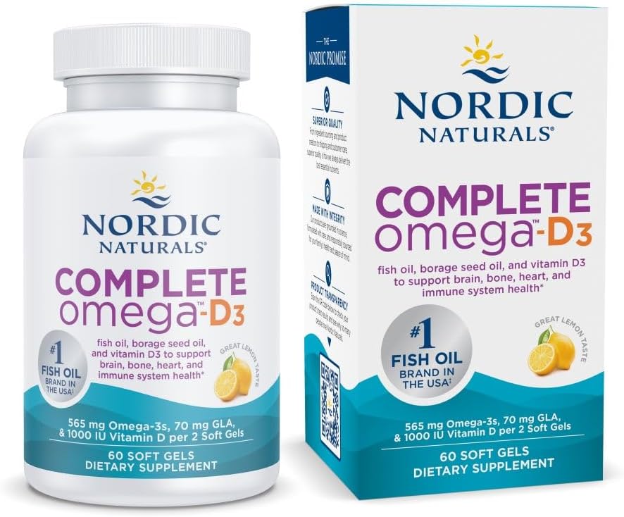 Nordic Naturals Complete Omega-D3, Lemon Flavor - 60 Gels Soft - 565 mg Omega-3 + 70 mg GLA + 1000 UI Vitamina D3 - EPA &amp; DHA - Healthy Skin, Cognition, & Positive Mood - Non-GMO - 30 Actuaciones