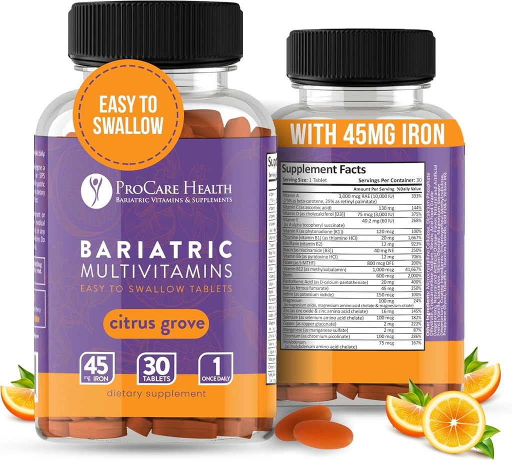 Procare Health Bariatric Multivitamin with Iron 45mg Easy to Swallow 30 Tablets - Post Op Bariatric Vitamins for Gastric Bypass*, Sustains Recovery & Energy for Sleeve Patients* (1 Month Supply)