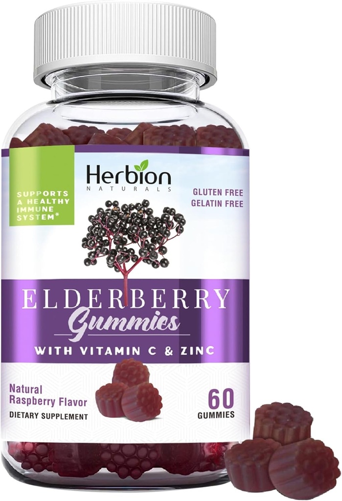 HERBION Elderberry Gummies with Vitamin C & Zinc - Healthy Immune System Support - Gluten-Free &amp; Gelatin-Free - 60 Gummies for Adults &amp; Children 4 Years & Above - Made in USA, 60 Count (Pack of 1)