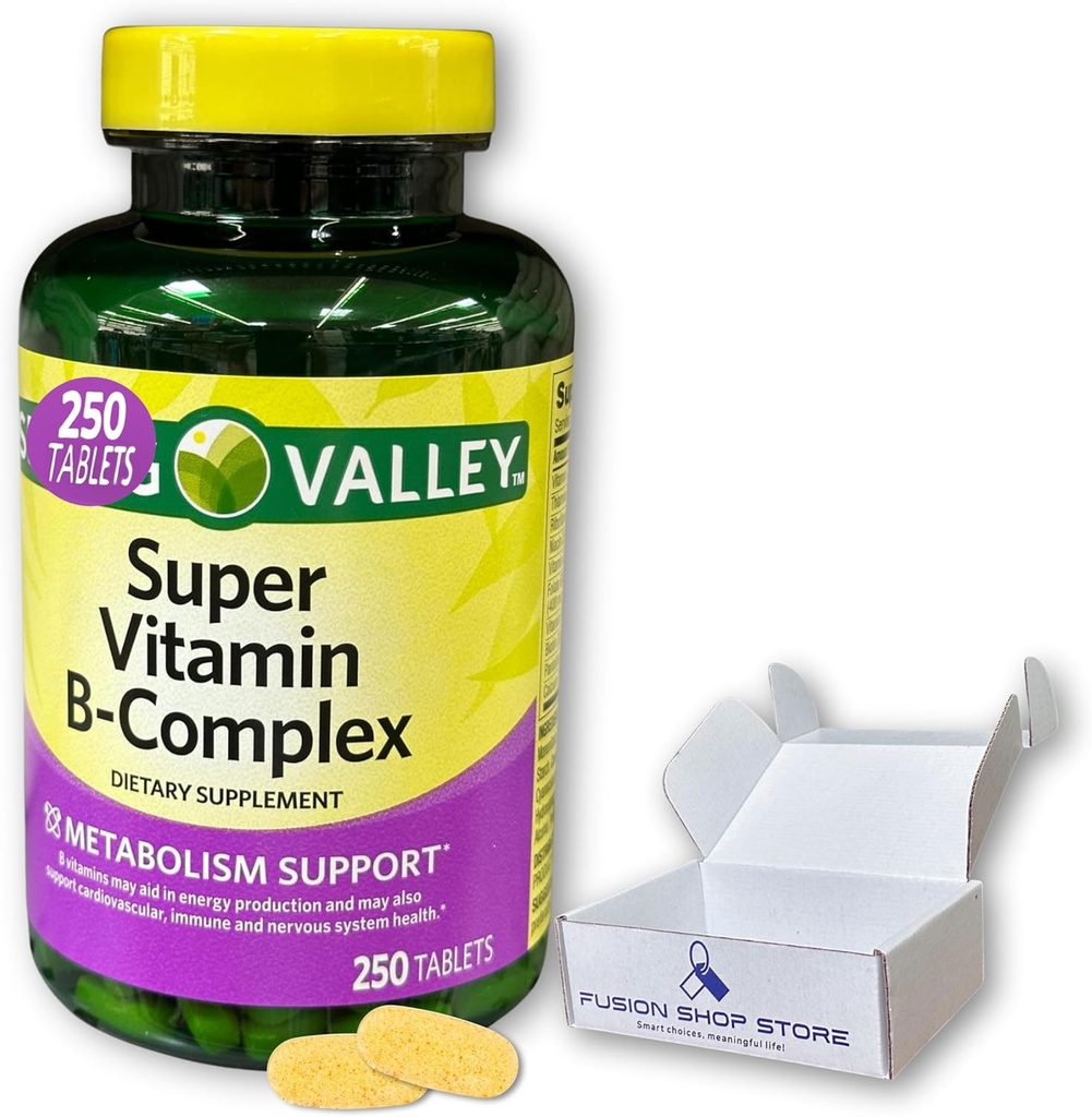 Super Vitamin B Complex Spring Valley- Tablets 250 Count Blend of B6 B12 C thiamine biotin folate pantothenic Acid and riboflavin, Boxed by Fusion Shop Store