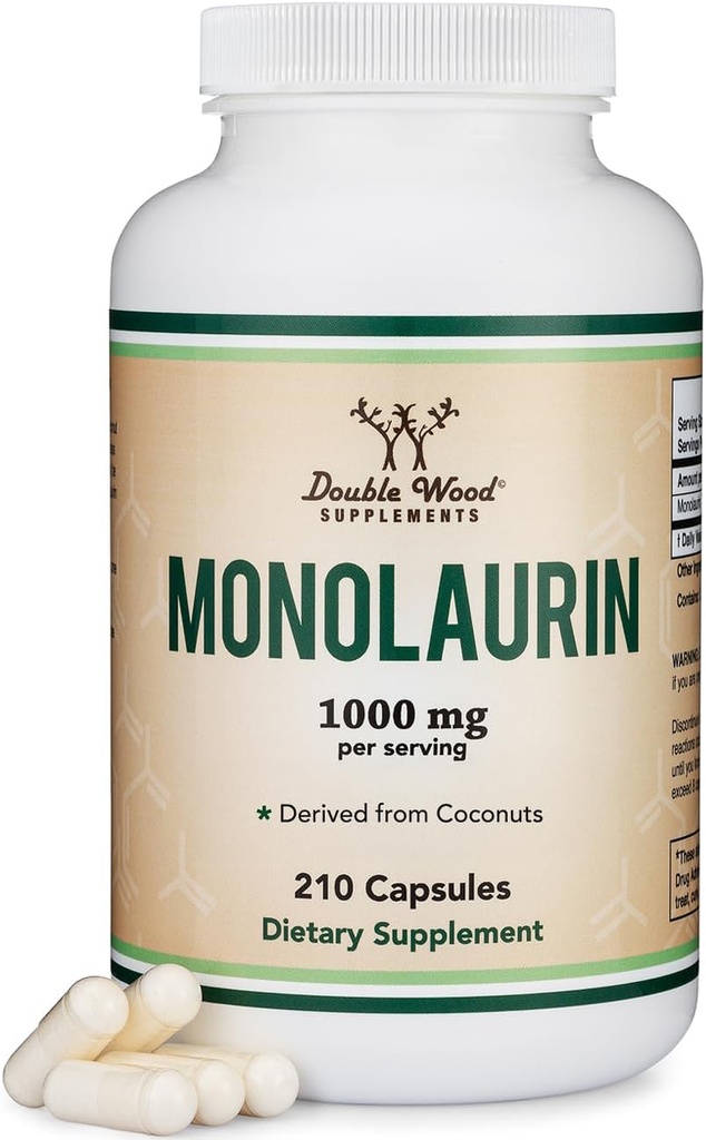 Monolaurin Immune Support Suplemento 1000mg por Serving, 210 Capsules (Vegan Safe, Non-GMO, Gluten Free) Booster inmune para adultos, Immune System Defense by Double Wood